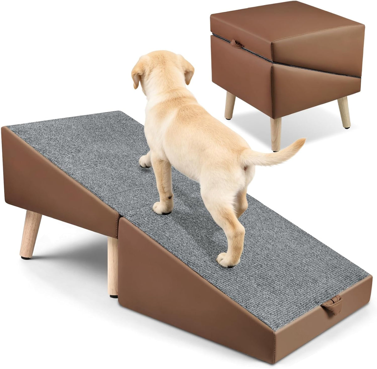 2-In-1 Foldable Dog Ramp Ottoman, 13.5" High Wooden Dog Stairs