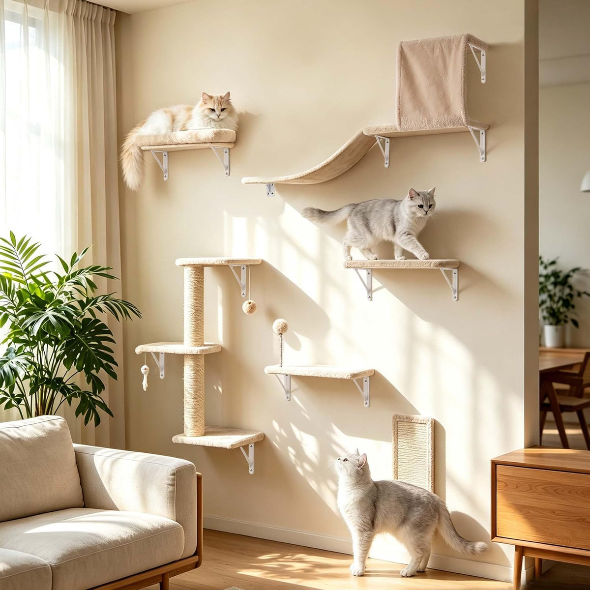 ANWA 6-In-1 Cat Wall Shelves Set, Wooden Cat Wall Climber Furniture, Beige