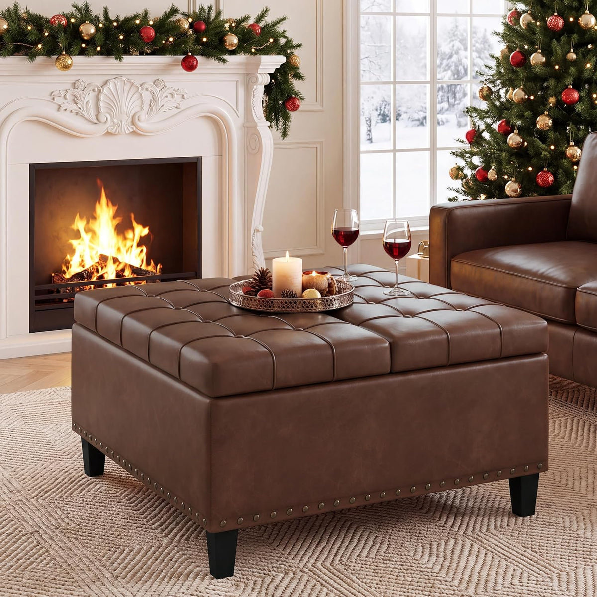 Fivewillowise 31.5 Inch Large Square Ottoman with Storage,Faux Leather