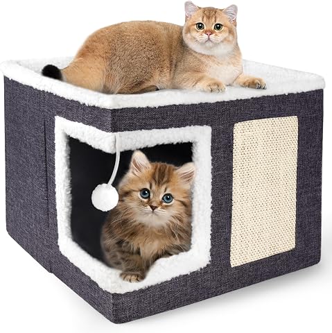 Loyareal Cat Houses for Indoor Cats - Large Cat Bed Cave with Scratch Pad and Fluffy Ball, Foldable Cat Condo Hideaway with Reversible Cushion for Multi Small Pet, Green
