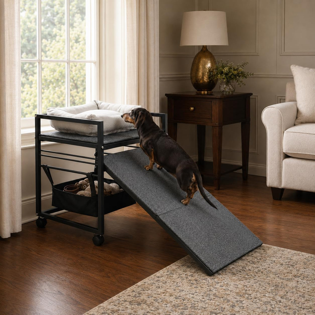 Movable Pet Stairs Ramp with Seat, Dog Chair with Storage for Small Pets