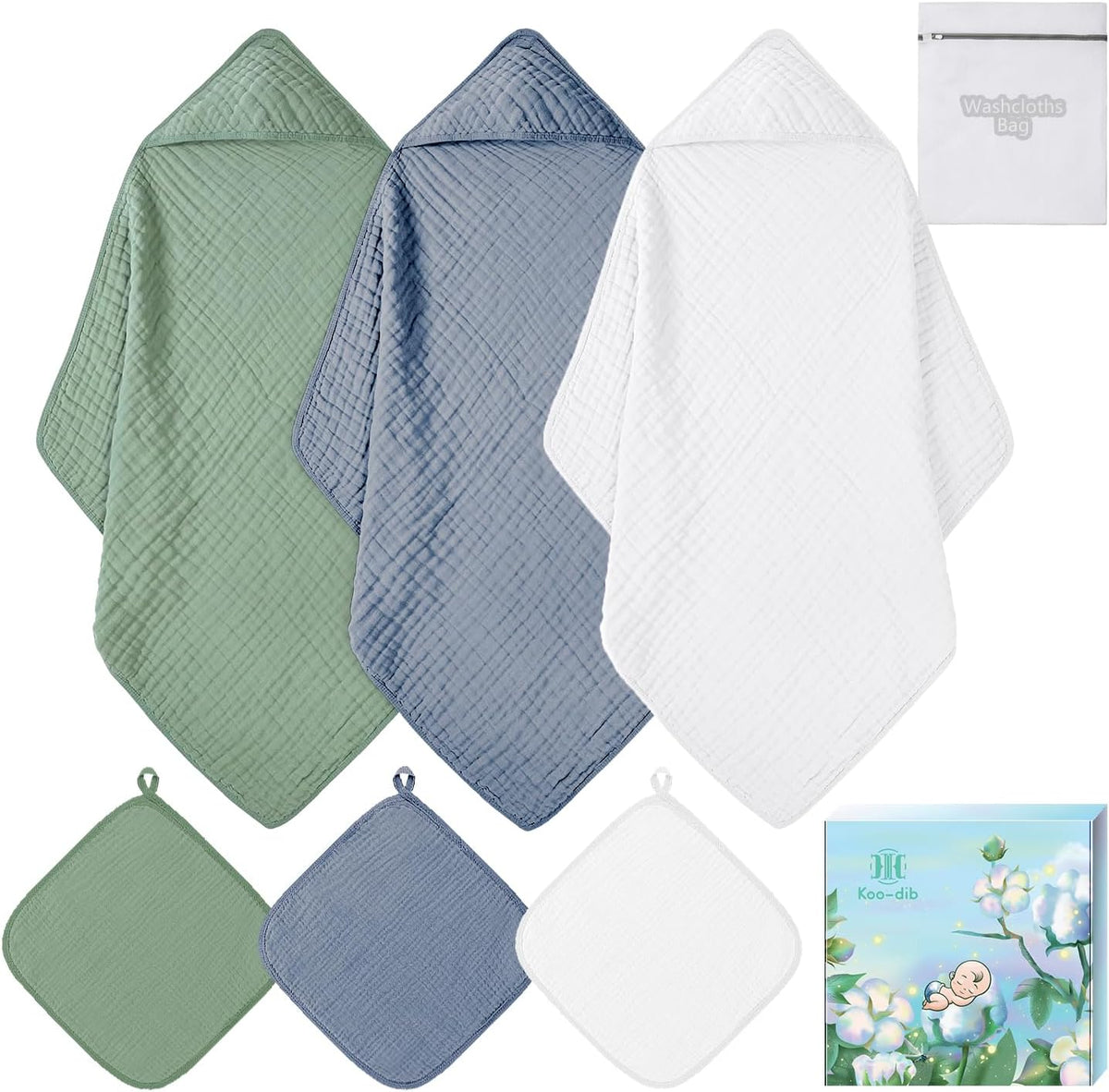 Soft Hooded Baby Towels for Newborn Babies 6 Pack 100% Cotton Muslin Baby Bath Towel with Hood, Absorbent Baby Bath Towels for Boys and Girls (Blue & Green & White)