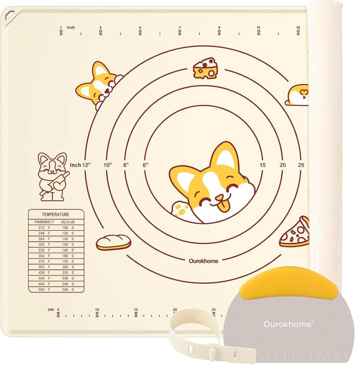 Ourokhome Silicone Baking Mat Sheet and Pastry Dough Cutter, 0.5 Inch Thick 20'' X 16" BPA Free Silicone Rolling Mat, Non-Stick and Anti-Slip, Dishwasher Safe (Beige)