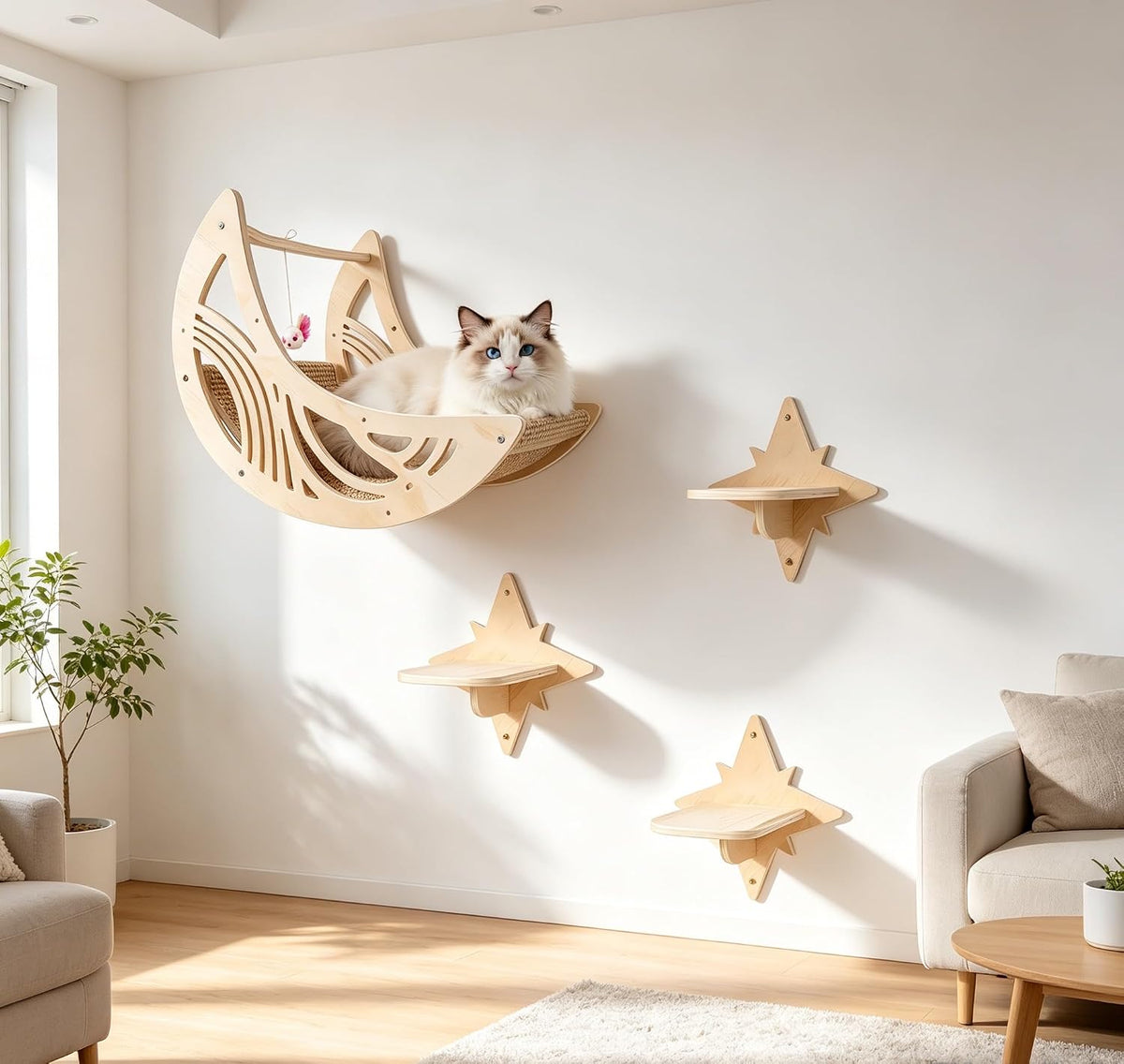 Cat Wall Shelves, Moon Cat Bed & 3 Star Perches Pet Wall Furniture