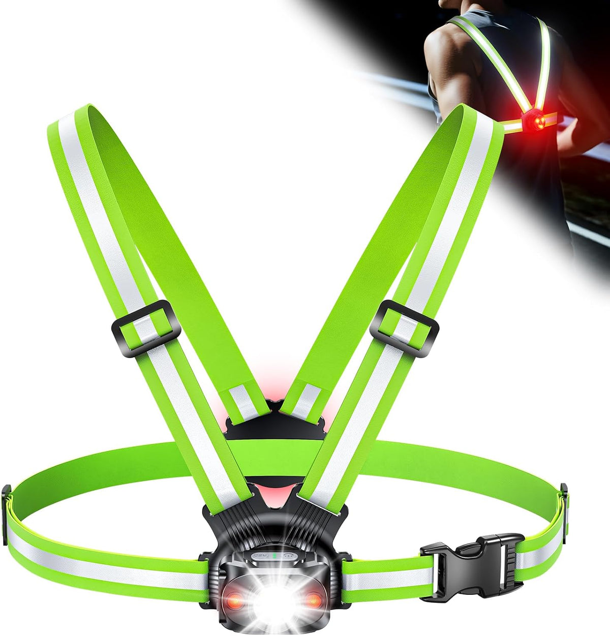 ISEYOU Running Lights for Runners, 500 Lumens Running Light with 45° Adjustable Tilt, 360° Reflective Vest & IPX4 Waterproof Rechargeable Light up Gear for Night Walking/Cycling/Jogging/Hiking