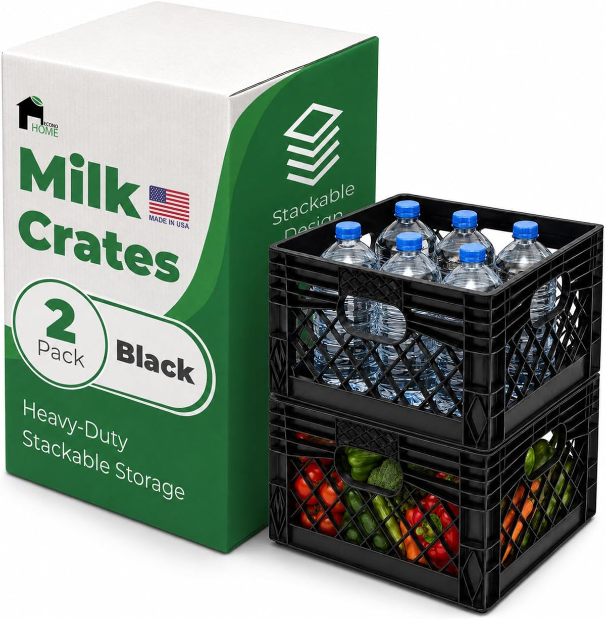 Econohome Milk Crate - Stackable Storage Crate with Built-In Handles - Heavy Duty Plastic Material - Ventilated Organizer Bin for Garage, Pantry, Classroom, Office & Moving - Black, 13X13X11, 2-Pack