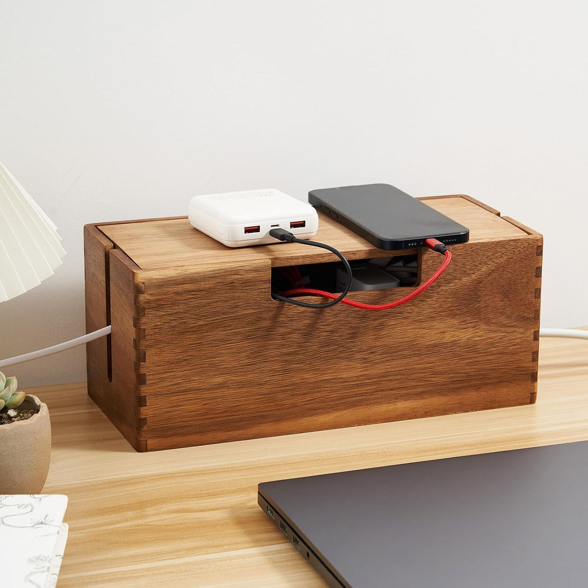 Wood Cable Management Box, Acacia Wood Cord Organizer