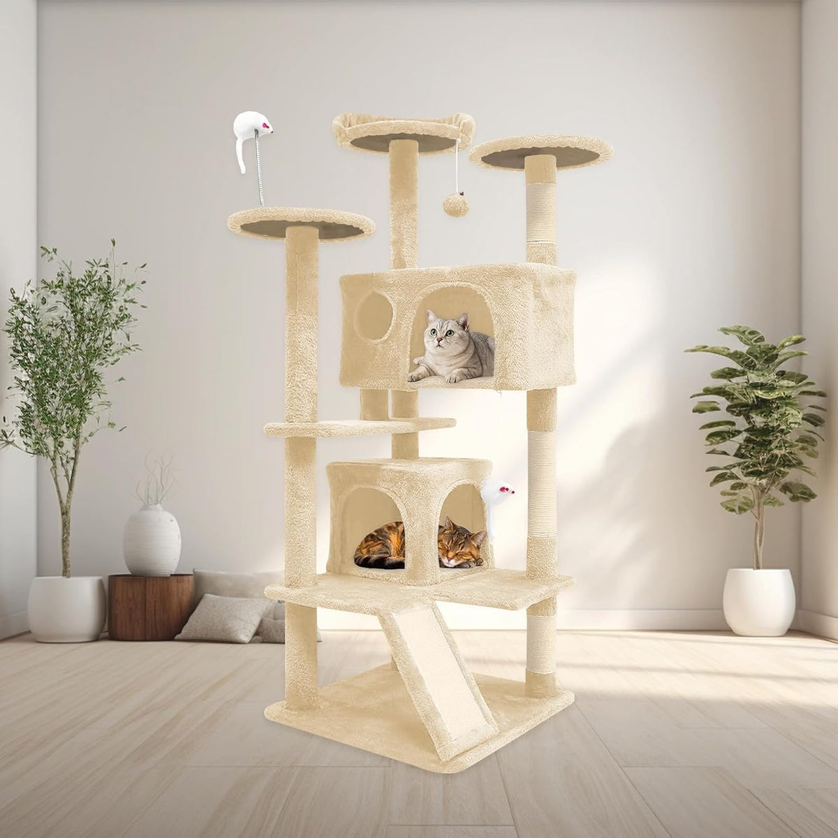 Aotaide 54In Cat Tree, Multi-Level Cat Tower,2 Cozy Caves, Scratching Posts, Climbing Ladder, Plush Balls, Durable Pet House Furniture for Indoor Kittens,Beige