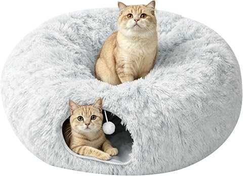 Cat Tunnel Christmas Tree Skirt,Christmas Tree Cat Tunnel for Indoor Cats,Cat Tunnels Tree Skirt,Soft Peekaboo Hideway Bed Cave Donut Toys Circle Tunnels for Kittens & Large Cats (Red)