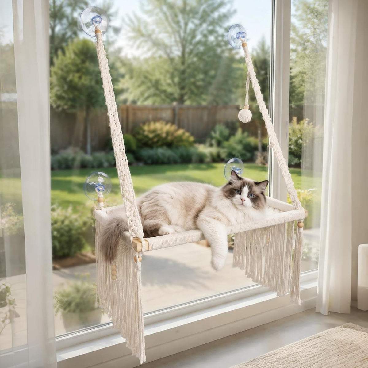 Cat Window Perch with Foldable Hook,22"X14",Handwoven Catio for Large Cats,Macrame Cat Window Perch, Bohemian Cotton Hammock with 2 Sides Tassels,Grade Suction Cups-Solid Pine Wood