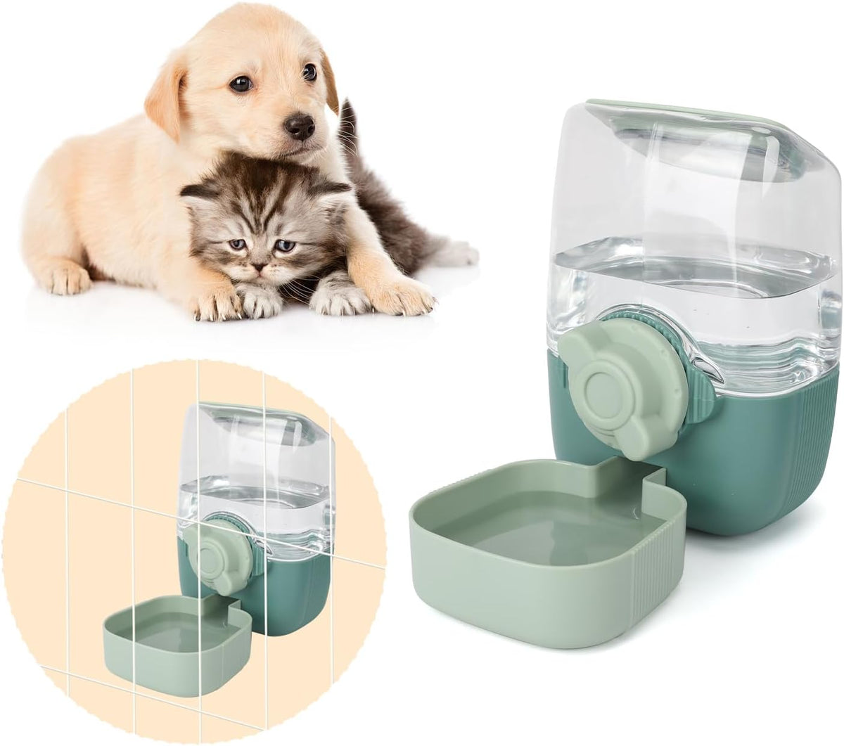Automatic Replenish Pet Waterer, 1L Capacity Auto Siphon Gravity Cage Hanging Water Dispenser Set for Dog and Cat Small Animals, Removable Pet Water Bottle Water Container (Waterer, Green1)
