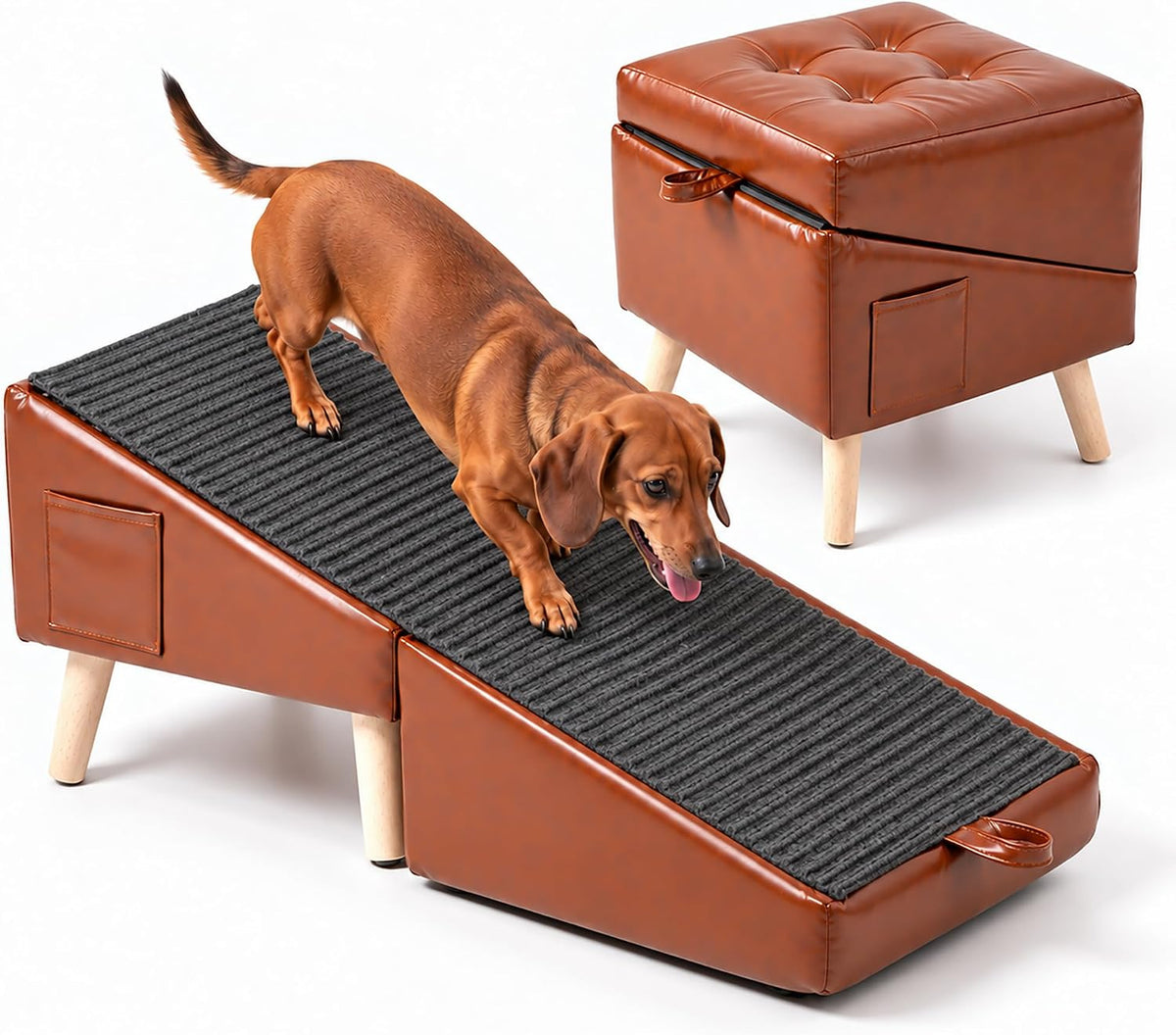 15" H Dog Ramp for Couch & Low Bed, 2-In-1 Pet Stairs for Small Dogs, Brown