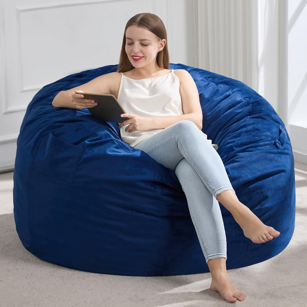 Hobestluk Bean Bag Chair for Adults Big Beanbag Velvet Fabric Large Blue