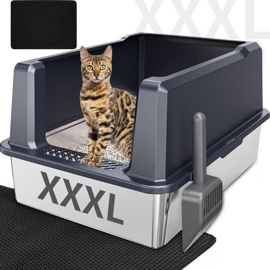 XXXL Extra Large Stainless Steel Litter Box, 28" L X 20" W X 14" H Super Large Stainless Steel Litter Box, Suitable for Large Cats and Multiple Cats, Non-Sticky, Anti-Leakage, Easy to Clean
