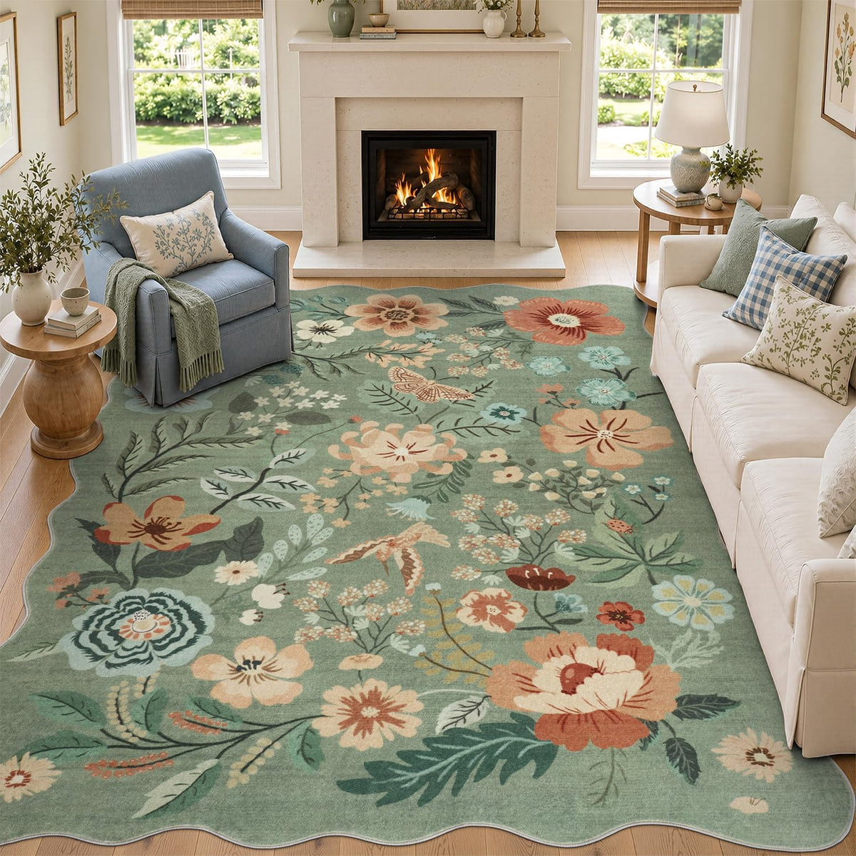 DCX Vintage Floral Washable Area Rug 5X7, Non Slip Low Pile Rug, Sage Green