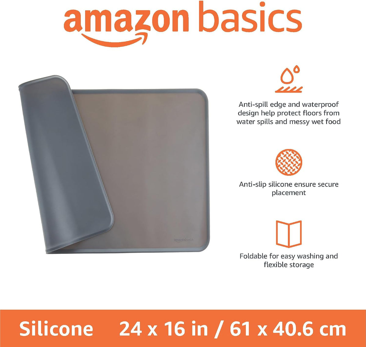 Amazon Basics Waterproof Non-Slip Silicone Pet Food and Water Bowl Mat with Raised Edge, Feeding Placemat to Protect Floors, 24" X 16", Grey