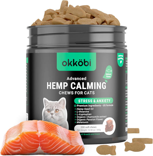 Hemp Calming Chews for Cats Anxiety 200 Pcs - Feline Anxiety Relief with Melatonin - for Stress, Travel, Check-Up, Restlessness or Separation - Cat Calming Treats