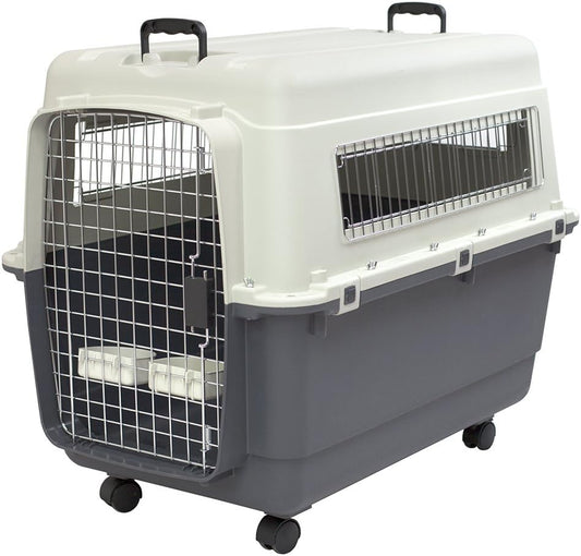 Sportpet Airline Compliant X-LARGE 32.25" Travel Dog Kennel-Durable Plastic Airline Pet Carrier W/Removable Wheels & Food Bowls, Collapsible Indoor/Outdoor Dog Kennel, Dog up to 32"L & 23"H-Cream/Gray