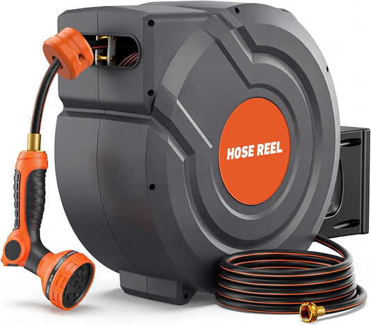 Upgraded Retractable Garden Hose Reel 5/8 Inch X 100 Ft 9 Pattern Nozzle Heavy Duty Wall-Mounted Any Length Lock Automatic Slow Return 180° Swivel Hose Reels for outside UV Resistant