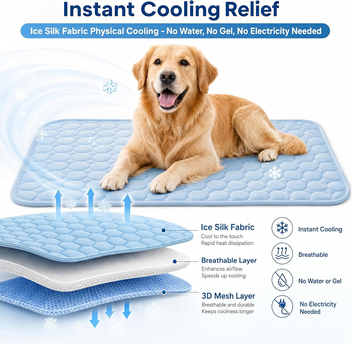 Dog Cooling Mat for Dogs & Cats, Breathable Ice Silk, No Gel Design, Non-Slip Washable Cooling Bed for Crate, Couch, Car, Indoor Outdoor (Large)