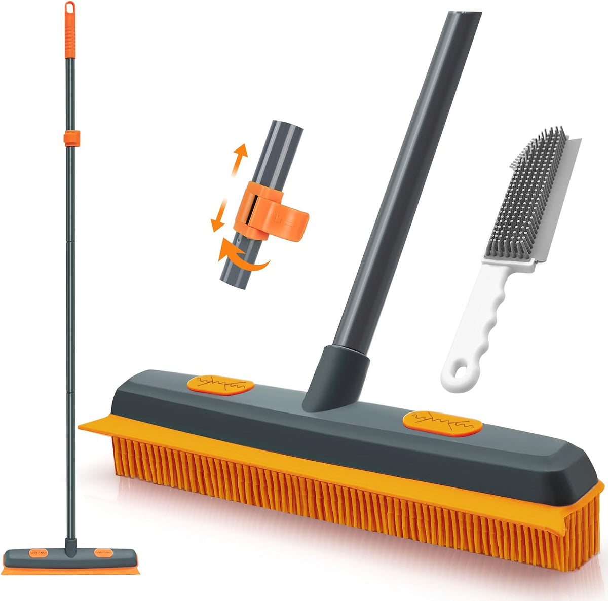 Tidybliss Pet Hair Removal Rubber Broom with Built-In Squeegee (Orange)