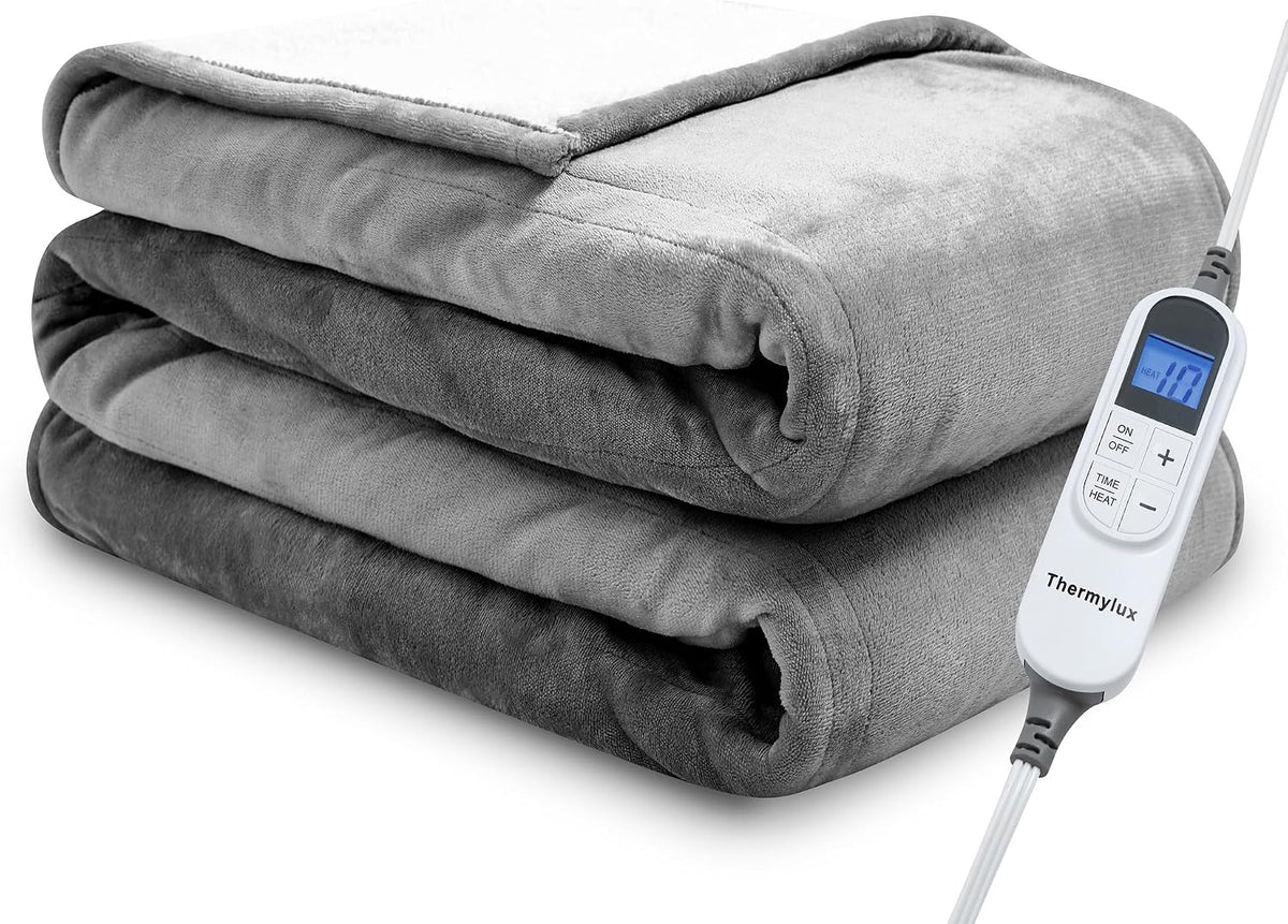 Electric Blanket Throw 50"X60" Heated Electric Blankets 10 Heating Levels 12 Time Settings 3 Hours Auto off Fast Heating and Overheat Protection ETL Certified Machine Washable,Light Grey