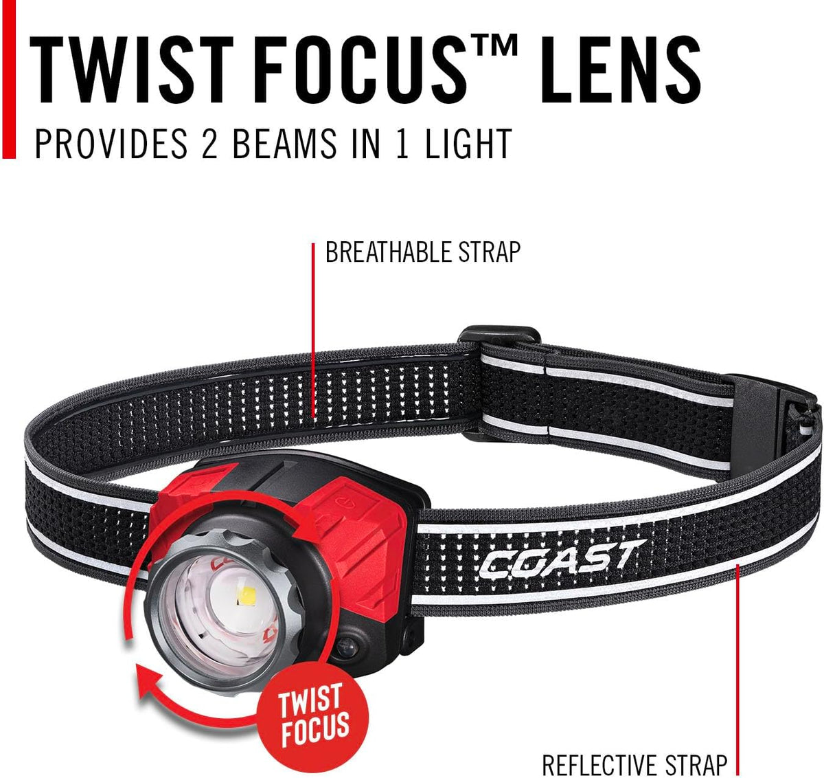 Coast® FL85R 1000 Lumen Tri-Color (White/Red/Green) Focusing Rechargeable LED Headlamp, Built-In Rechargeable Battery