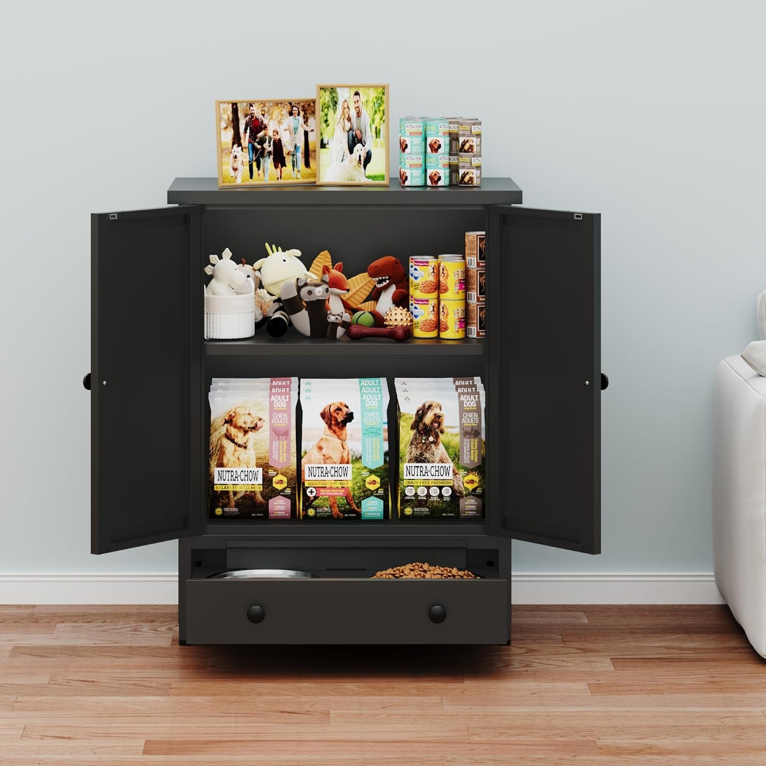 Dog Feeding Station with Storage, Metal Dog Food Storage Cabinet with 2 Elevated Bowls and 3 Hooks, Pet Feeding Station and Food Storage Organizer, Black