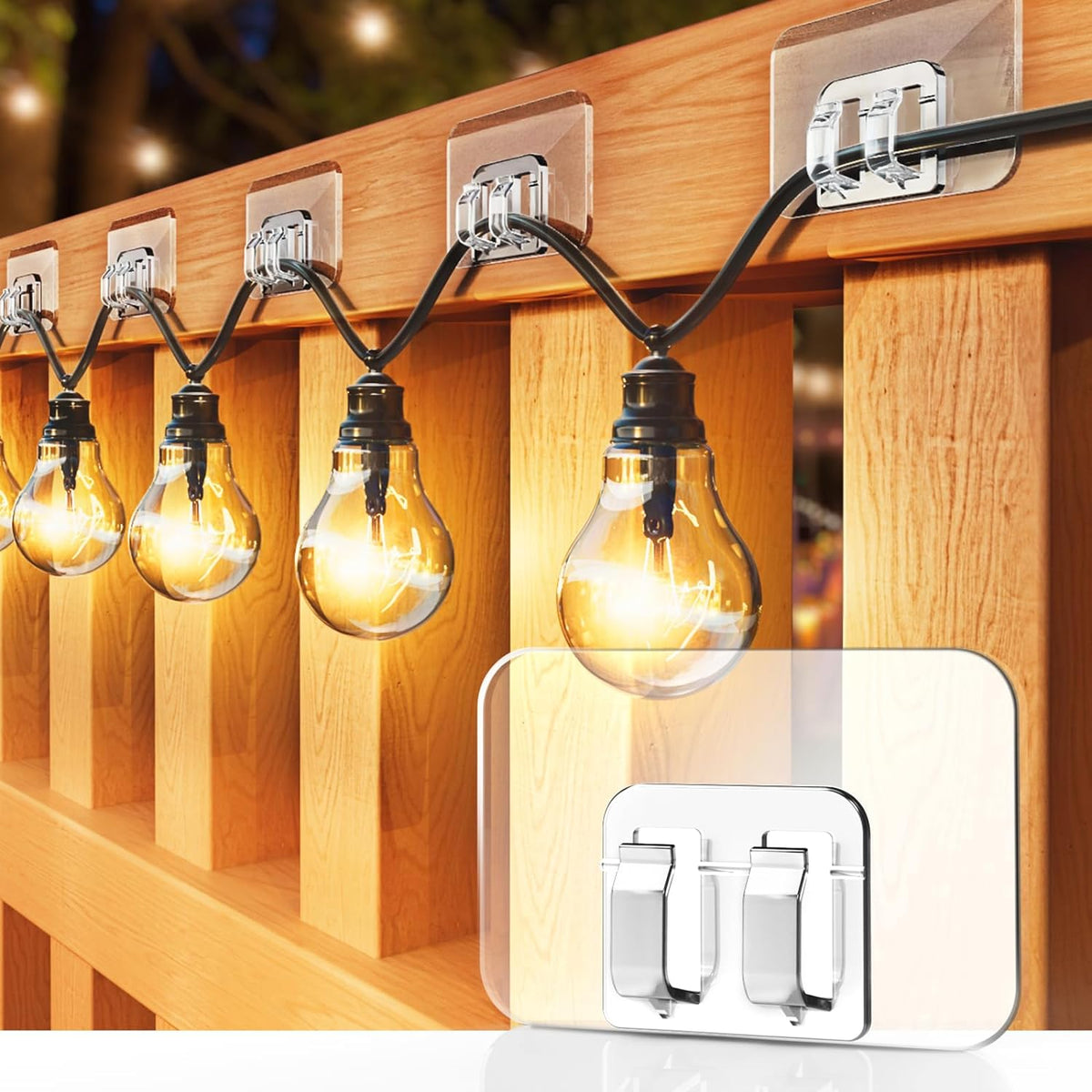 Hooks for Outdoor String Lights - 100 Pack with Adhesive Strips - No Damage, No Tools, No Holes, Waterproof and Uv-Resistant, Perfect for Christmas and Patio Decor