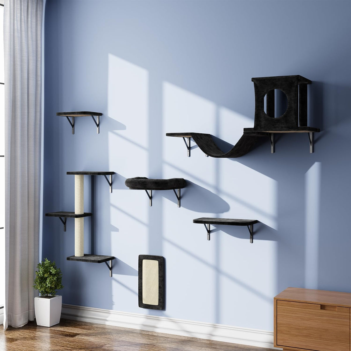 Wall Mounted Cat Furniture Set - 6 Pcs Climber Set with House, Bridge, Steps, Scratcher Board - DIY Walls Playground, Indoor Cat Shelves - Black