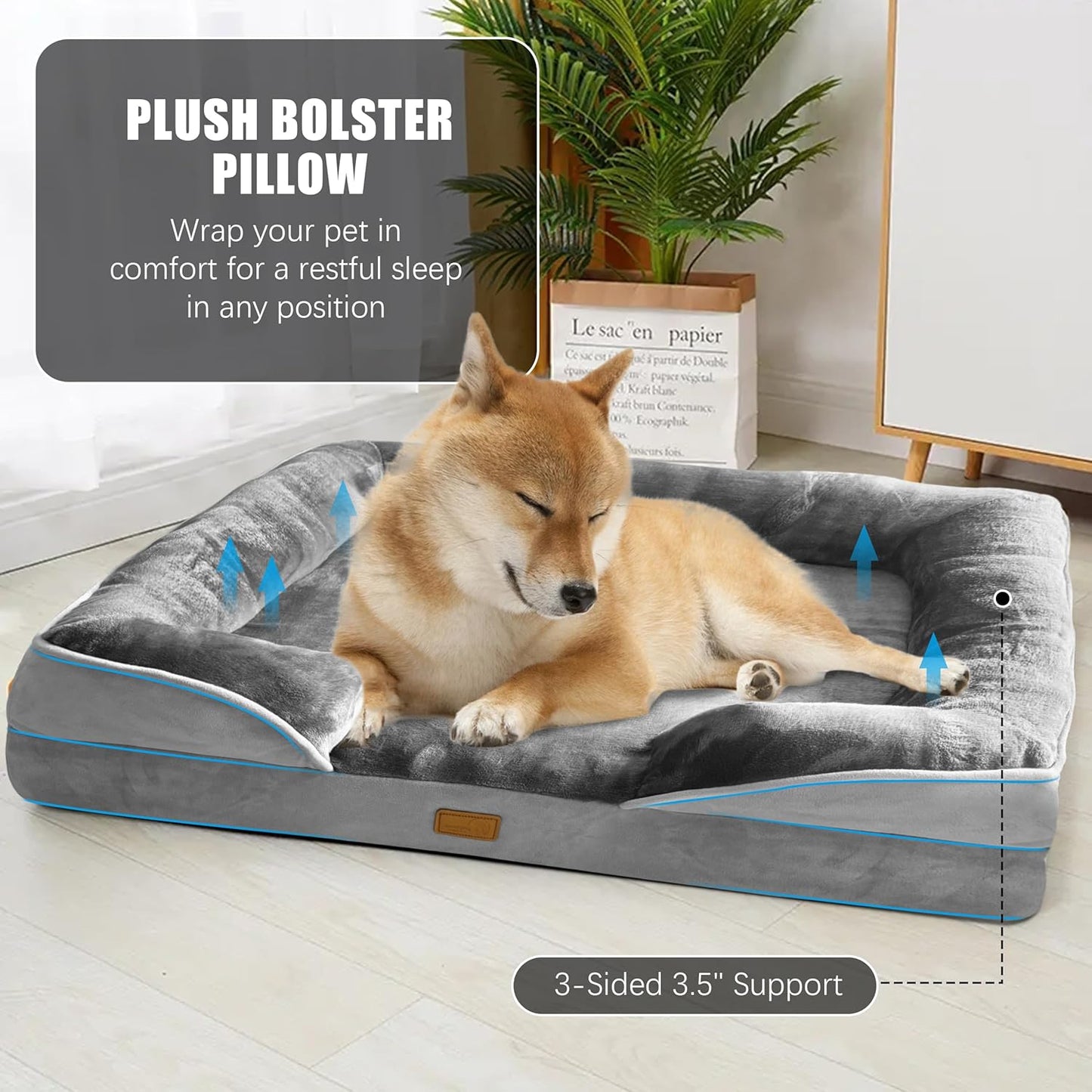 Spotted Play Orthopedic Dog Bed with Sides - Dog Sofa Beds for Large Dogs, Supportive Foam Pet Couch Bed with Washable Removable Cover, Waterproof Lining and Non-Slip Bottom, Grey - L