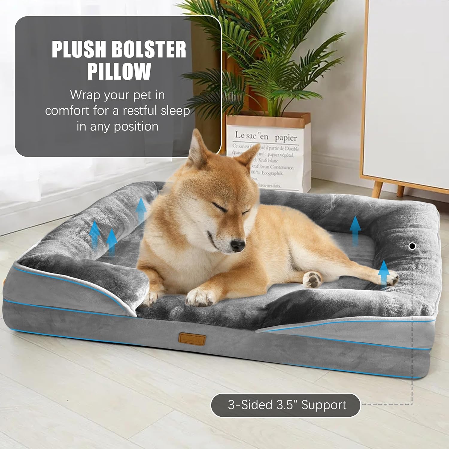 Spotted Play Orthopedic Dog Bed with Sides - Dog Sofa Beds for Large Dogs, Supportive Foam Pet Couch Bed with Washable Removable Cover, Waterproof Lining and Non-Slip Bottom, Grey - L