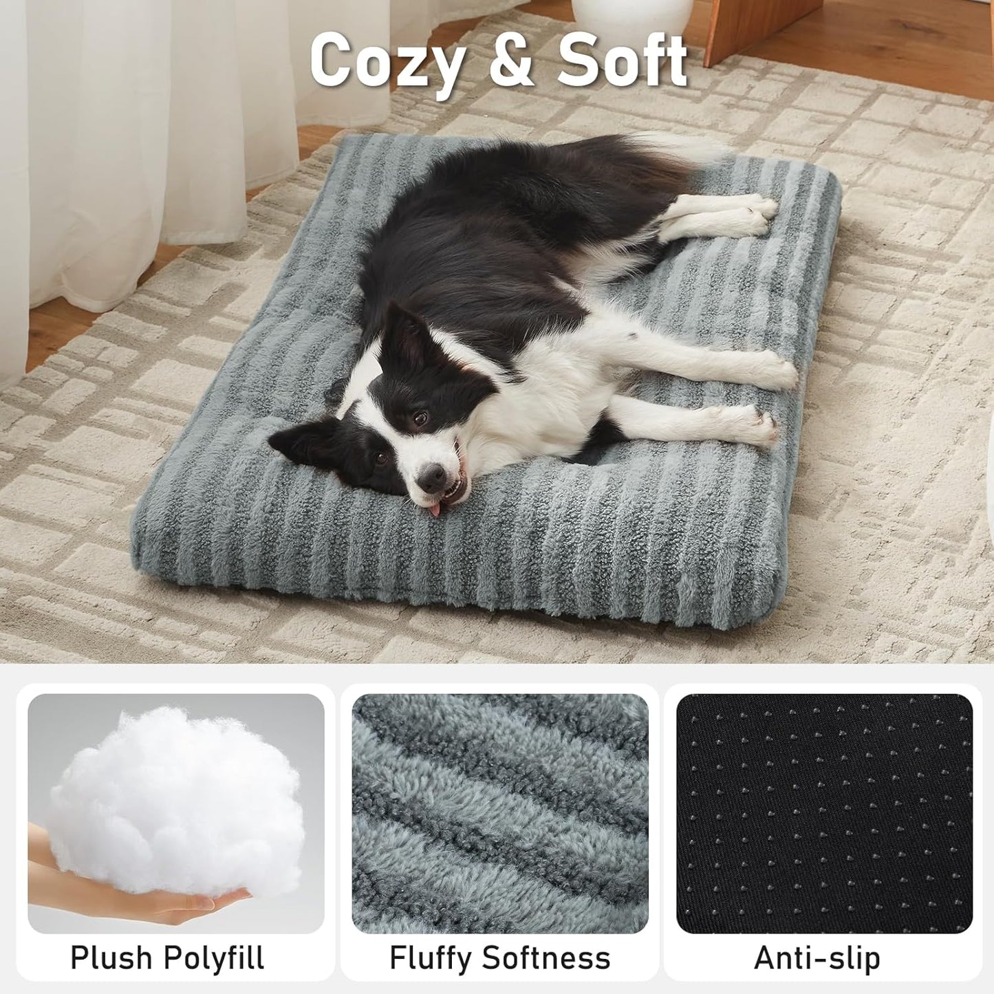FURTIME Washable Dog Bed Large Sized Dogs, Deluxe Dog Crate Beds Comfy Fluffy Kennel Pad Anti-Slip Pet Sleeping Mat, Machine Washable Dogs Pillow, 35"X23"X3.5", Gray