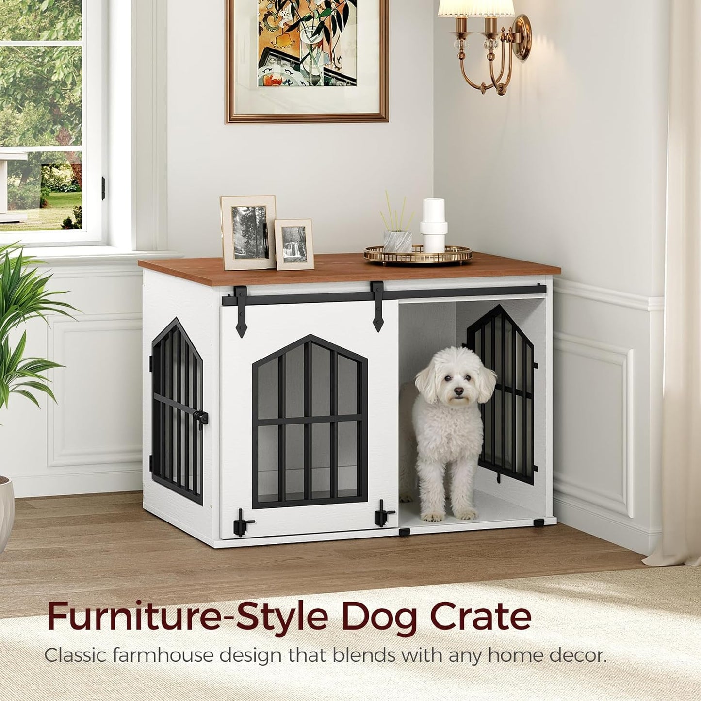 MAHANCRIS Dog Crate Furniture, 31.5" Farmhouse Dog Kennel with Sliding Barn Door, Wooden Dog Cage for Small Medium Dogs, Decorative Pet House Side End Table, Chew-Resistant, White and Walnut DCBA9601