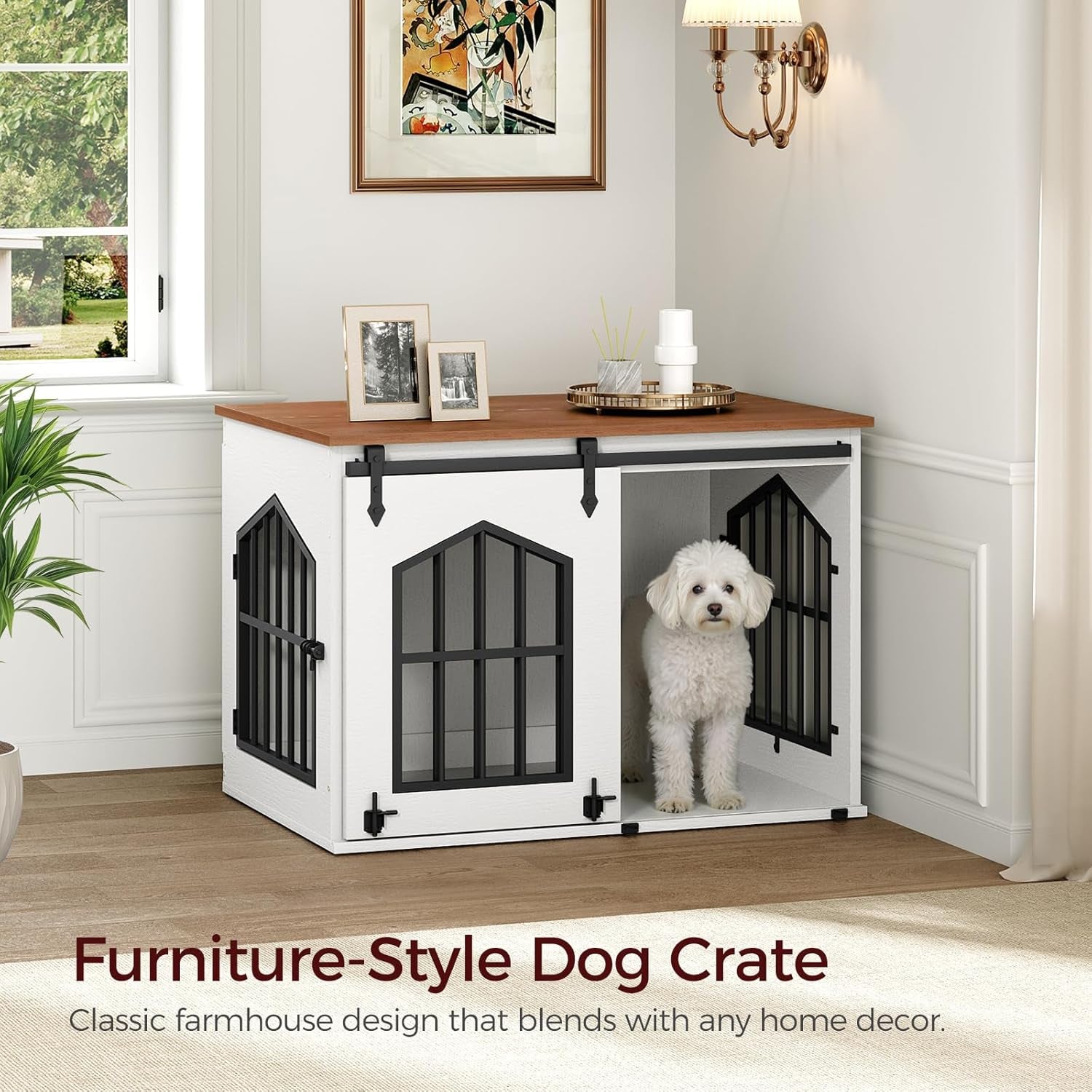 MAHANCRIS Dog Crate Furniture, 31.5" Farmhouse Dog Kennel with Sliding Barn Door, Wooden Dog Cage for Small Medium Dogs, Decorative Pet House Side End Table, Chew-Resistant, White and Walnut DCBA9601