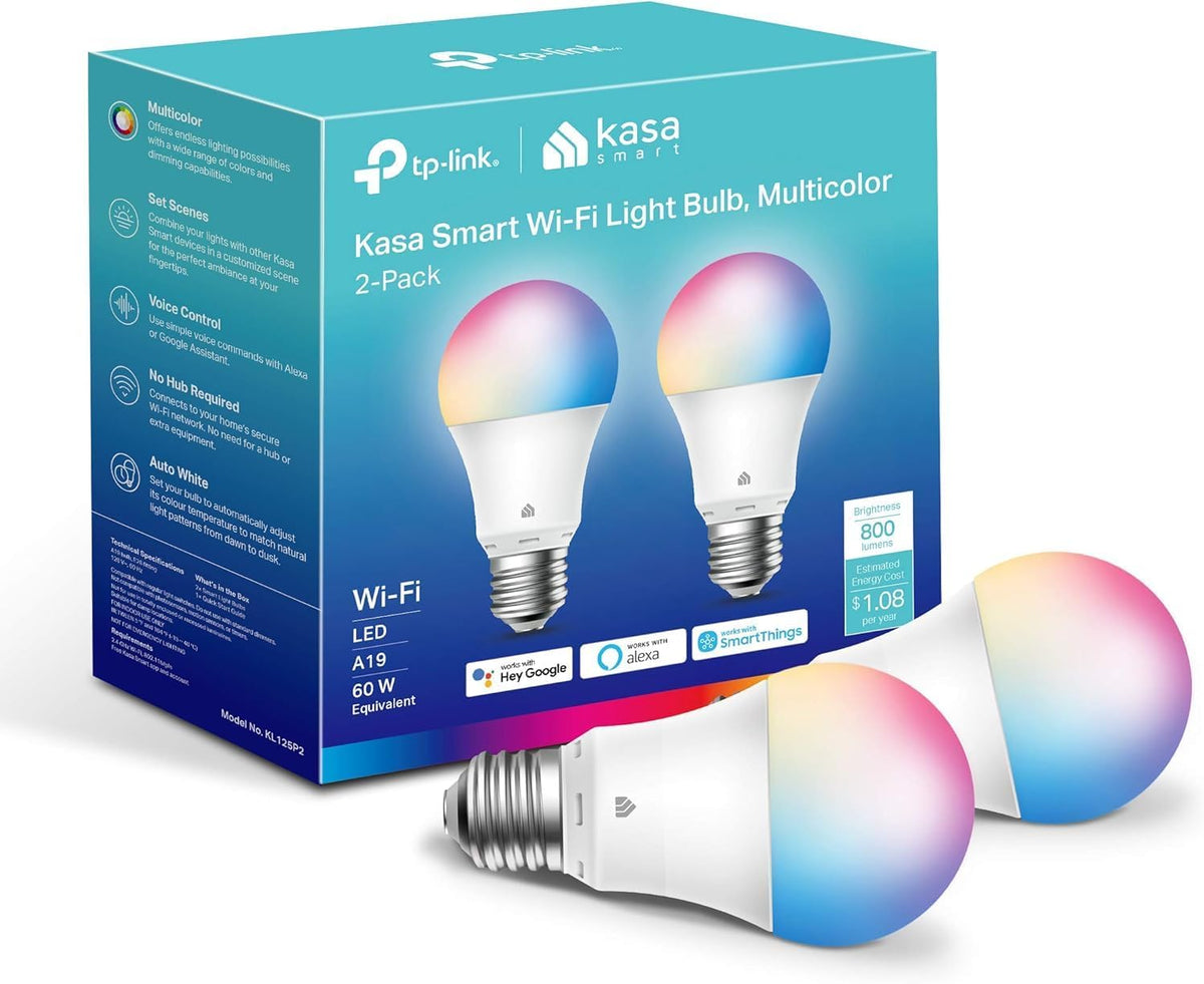 Kasa Smart Light Bulbs, Full Color Changing Dimmable Smart Wifi Bulbs Compatible with Alexa and Google Home, A19, 60 W 800 Lumens,2.4Ghz Only, No Hub Required, 2-Pack (KL125P2), Multicolor