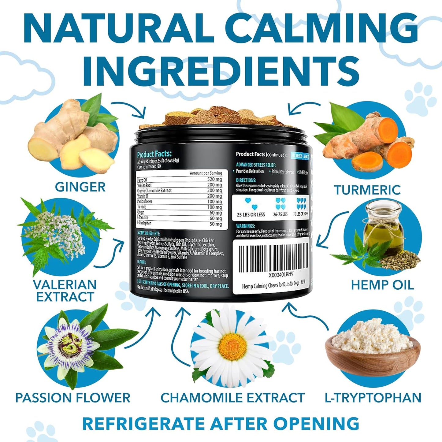 Hemp Calming Chews for Dogs with Anxiety and Stress - Anxiety Relief Chews for Storms, Fireworks, Thunder, Barking, Separation - Valerian, L-Tryptophan, Hemp Oil - Chicken - 120 Dog Calming Treats