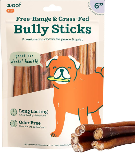 WOOF Bully Sticks Dog Treats - Chew Sticks for Dogs - Long-Lasting Dog Chew Treats - Made with Free-Range, Grass-Fed Beef - 6" Sticks - 10Pk