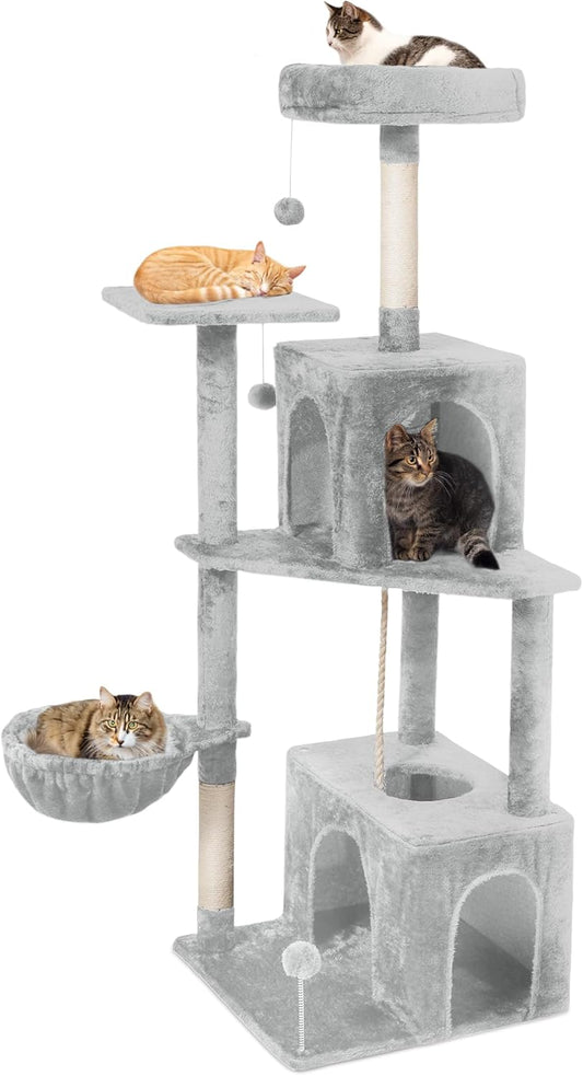 54-Inch Cat Tree Tower with 2 Caves & 2 Pompoms - Multi-Level Tower for Indoor Cats, Soft Plush Condo with Scratching Posts - Sturdy Base for Large Cats (Light Grey01)