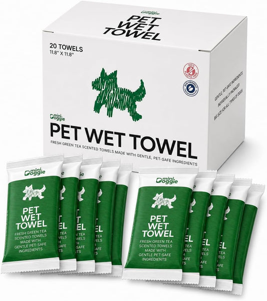 Pet Wet Towel for Small Dogs — Individually Wrapped 11.8" Square Bath Wipes, No-Rinse, Fresh Green Tea Scent, Travel-Ready (10 Count)