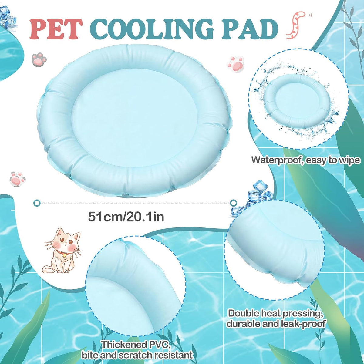 Drydiet Light Blue Cooling Bed Mat for Cats, Small Dogs, Small Pets, 20.1'' X 20.1'' Thickened round Pad Anti-Grab Internal Gel without Water Filling, Lightweight, Washable, Playmat for Indoor/Outdoor