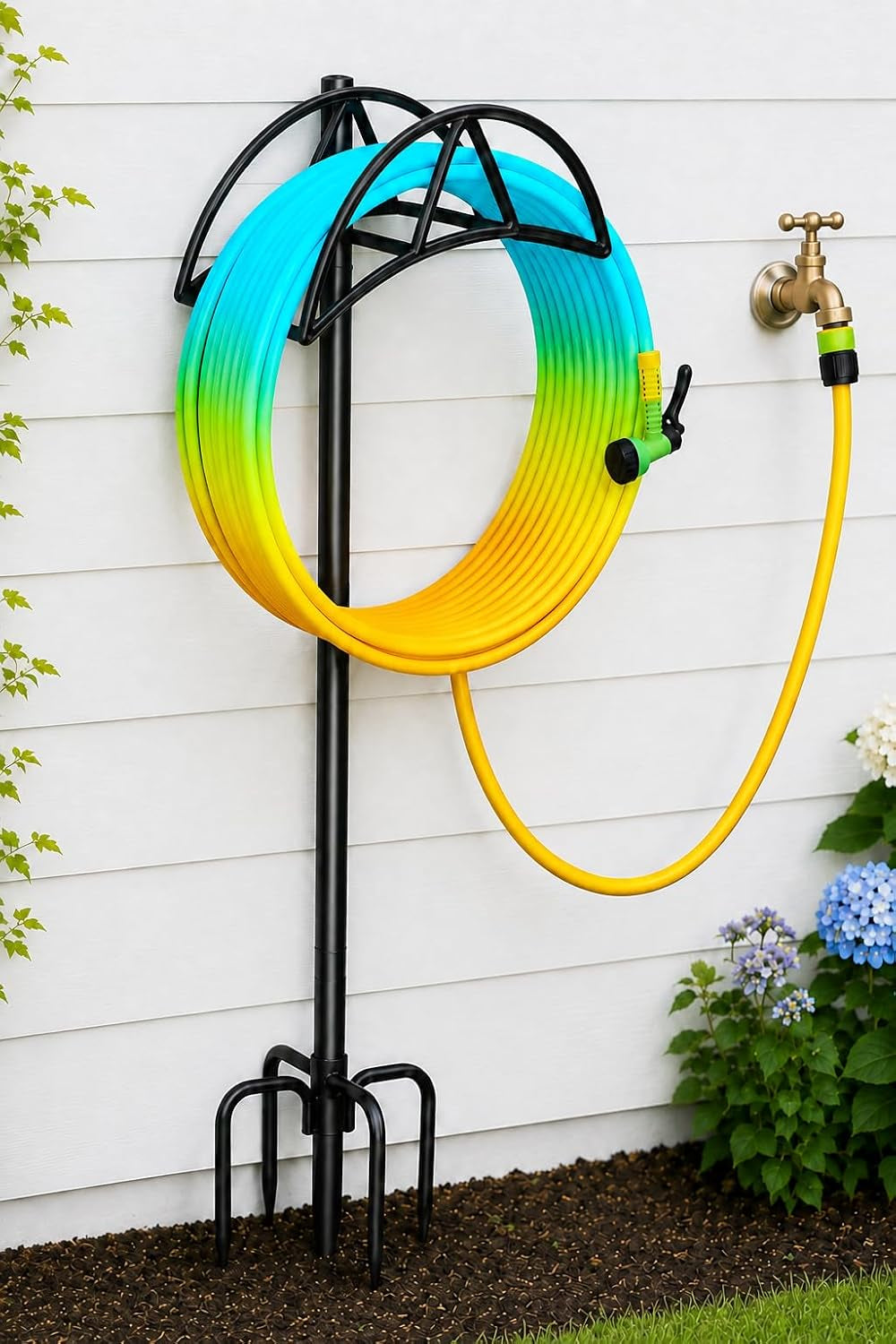 Gtongoko Garden Hose Holder for outside 47" Heavy Duty Freestanding Water Hose Holder with 5 Stable Spikes Metal Hose Stand Holds up to 150FT Hose & 49LB Detachable Hose Storage for Yard Lawn Patio