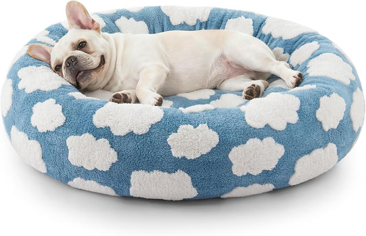 JOEJOY Jacquard Donut round Small Dog Beds,Blue 23X23X7In, Removable Washable Cover, Cute Pattern, Ultra Soft Fluffy Calming Pet Bed with Thick Supportive Bolster