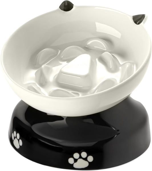 Y YHY Ceramic Cat Slow Feeder, Elevated Dog Food Bowl Tilted Design, Slow Feeder Bowl No Black Chin, Cat Shape for Dry and Wet Food