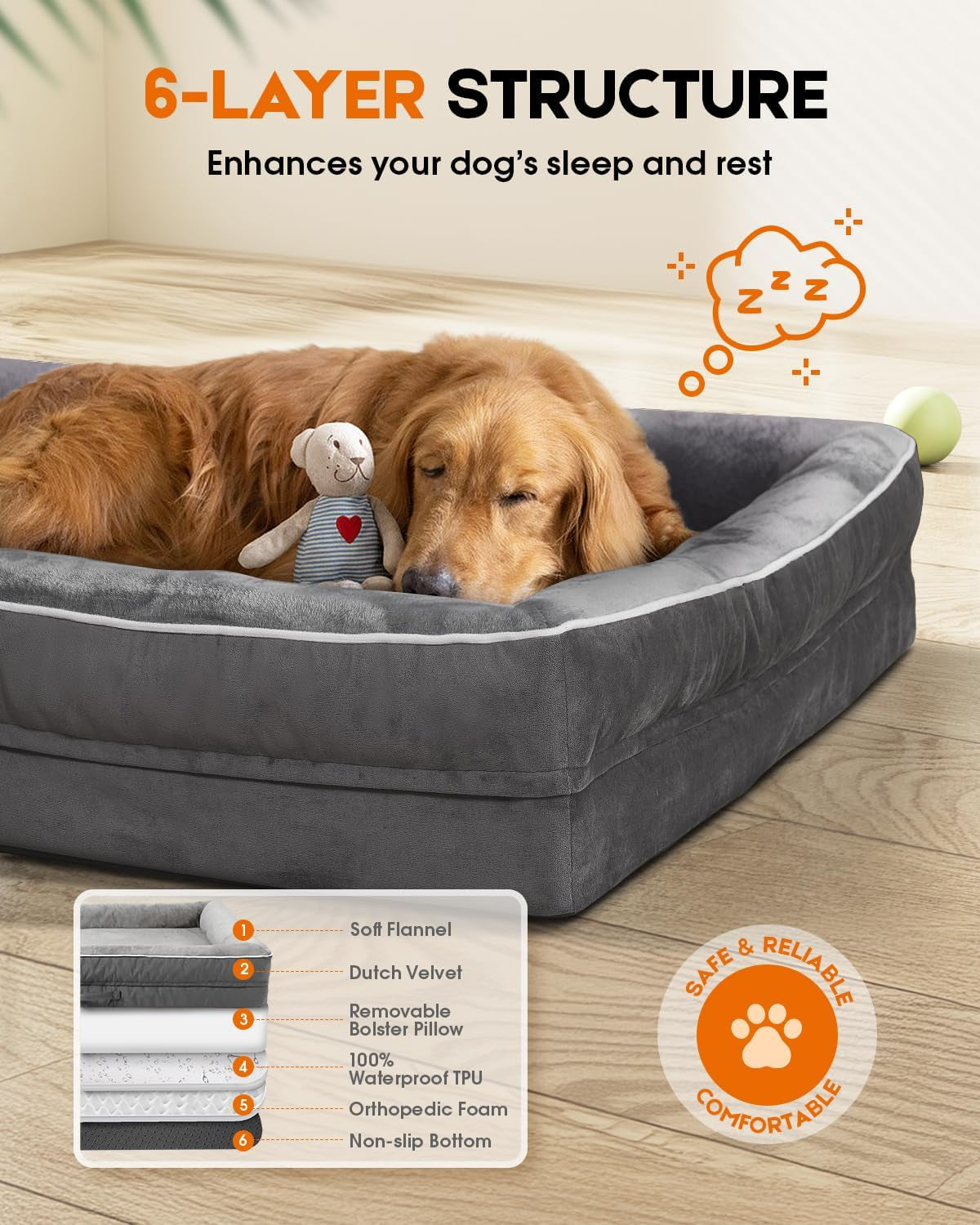 Upvilla Orthopedic Dog Bed XL, Four-Sided Dog Sofa, Washable Cover, Gray