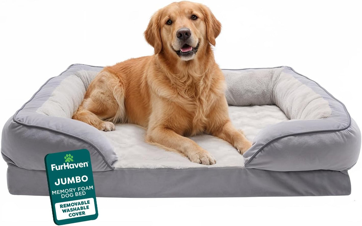 Furhaven Perfect Comfort Sofa Orthopedic Dog Bed for Large Dogs, Memory-Top Foam with a Solid Orthopedic Foam Base for Joint Support, Removable Washable Cover, Jumbo XL, Plush & Velvet, Granite Gray