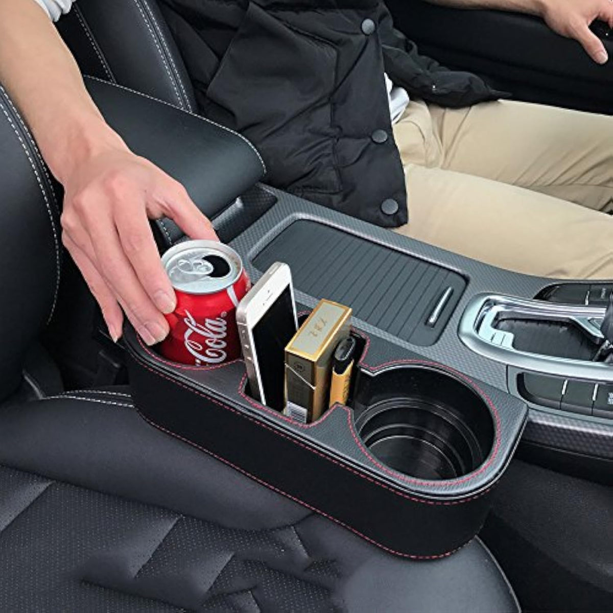 IOKONE Car Cup Holder, PU Leather, Car Seat Gap Filler Organizer, Black