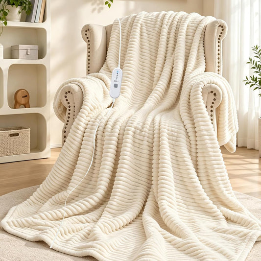 Heated Blanket Electric Throw 50"X60",5 Heat Levels 4H Auto Off,Cream