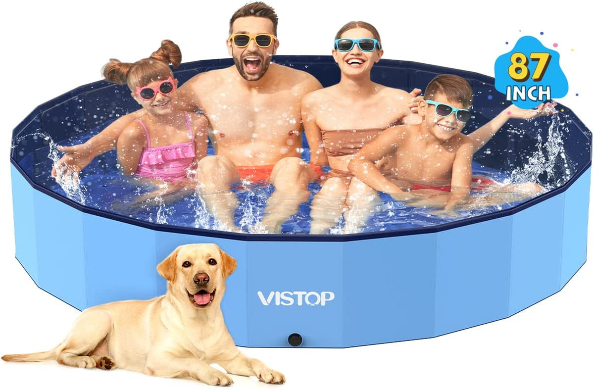 VISTOP Jumbo Foldable Dog Pool, Hard Plastic Shell Portable Swimming Pool for Dogs Cats and Kids Pet Puppy Bathing Tub Collapsible Kiddie Pool (87Inch.D X 15.7Inch.H, Blue)
