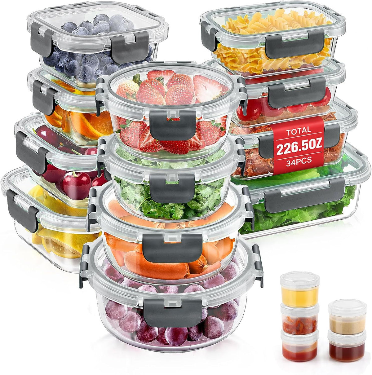 AMALEKO 34Pc Glass Food Storage Containers with Lids Set, Airtight Glass Meal Prep Containers, Leak Proof Lunch Container Bpa-Free, Microwave, Oven, Freezer, Dishwasher Safe-Gray
